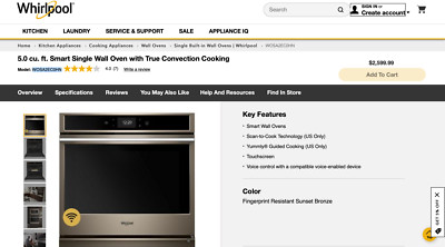 Whirlpool 30'' Convection Smart WiFi Electric Single Wall Oven WOSA2EC0HN