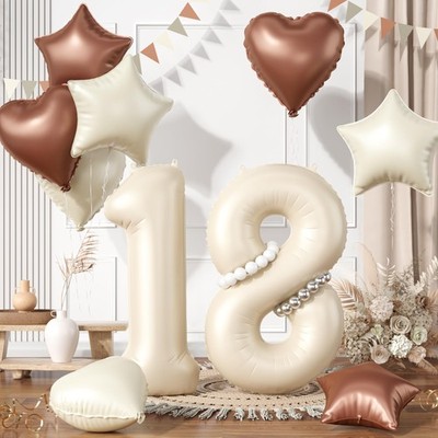 18 Cream White Balloons, 18 Number Balloons Set, Beige Number 18 Balloons, Brown