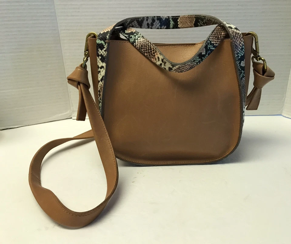 Madewell Brown Tan Leather Snakeskin Trim Double Handle Satchel Crossbody Bag - Image 3 of 4