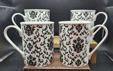 ☕️ Set of 4 Rosanna Black & White Coffee Mugs  Embossed Damask