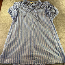 Pinch Dress Womens M Blue White Stripe Ruffle Puff Sleeve Cotton Mini Pockets