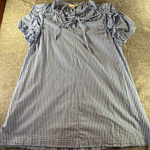 Pinch Dress Womens M Blue White Stripe Ruffle Puff Sleeve Cotton Mini Pockets