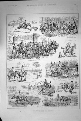 Original alter antiker Druck 1891 Jagd Sport Jäger Pferde Hunde Hunde 19.
