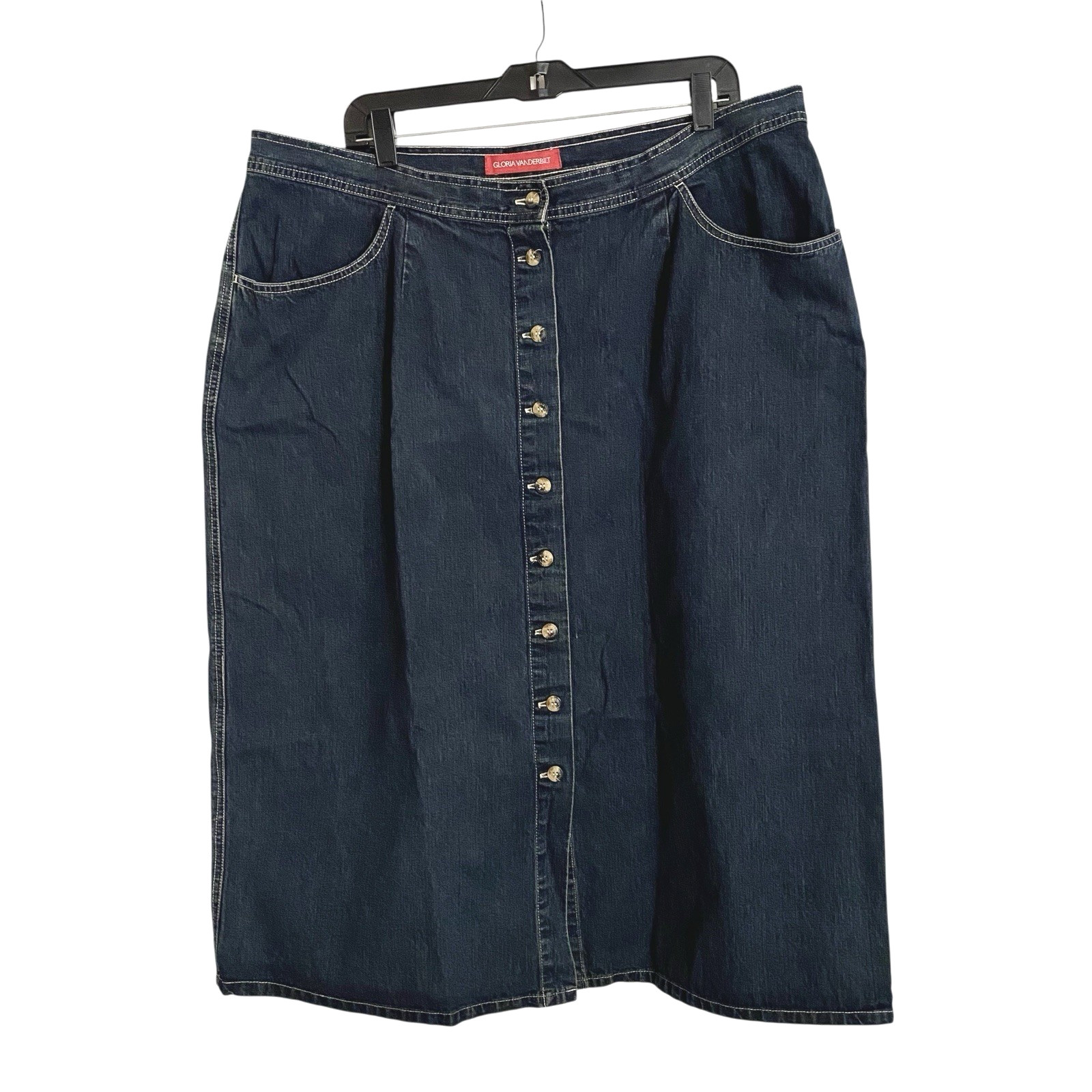 Gloria Vanderbilt Midi A-Line Denim Jean Skirt Womens 22w Dark Blue Button Front
