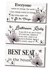 Bathroom Decor, 3 Pcs Wall Art - Rustic Farmhouse Bathroom Rules Signs, Black
