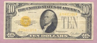 1928 $10 Gold Certificate Ten Dollars VF True Auction No Reserve