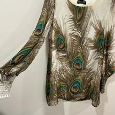 Basically Me Cream Peacock Feather Flowy Bell Sleeve Dress Made In USA Size M