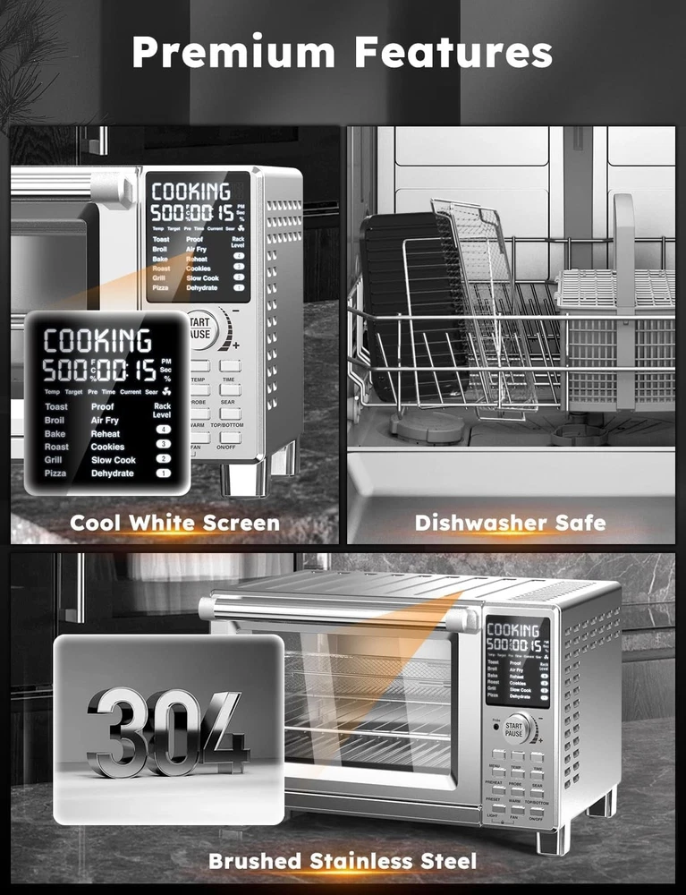 30Qt Stainless Steel Air Fryer Toaster Oven Grill Combo with 142 Presets