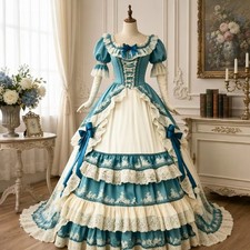 Rococo Victorian Dress Blue Cream Lace Ruffle Puff Sleeve Royal Party Ball Gown