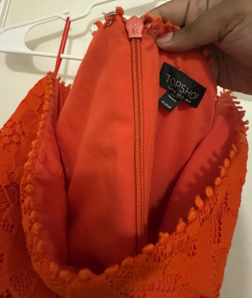 TopShop Mujer Vestido Talla 12 Naranja Encaje Floral Sin Tirantes Funda Corta Foto 4 de 4