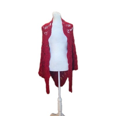 VTG Handmade Red Crochet Open Front Shawl Cape Wrap Womens Made In The USA