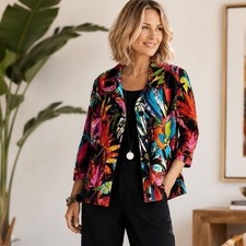 Chico's Tropical Botanical Cotton Blazer Jacket Size 1 3/4 Sleeve