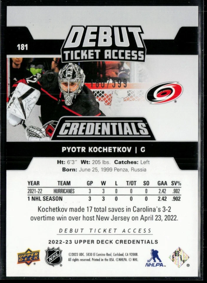 2022-23 Upper Deck Credentials #181 Pyotr Kochetkov RC 100/599 - Image 2 of 2