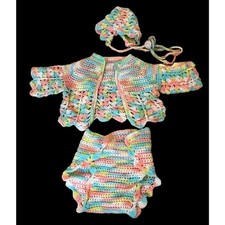 VTG Girls Baby Cardigan Sweater Set Hat Diaper Hand Made crocheted Size 3-6 Mos