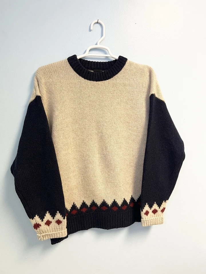 Vintage 90s Structure Shetland Wool Sweater XL Cream Navy Fair Isle Knit - Image 3 of 4