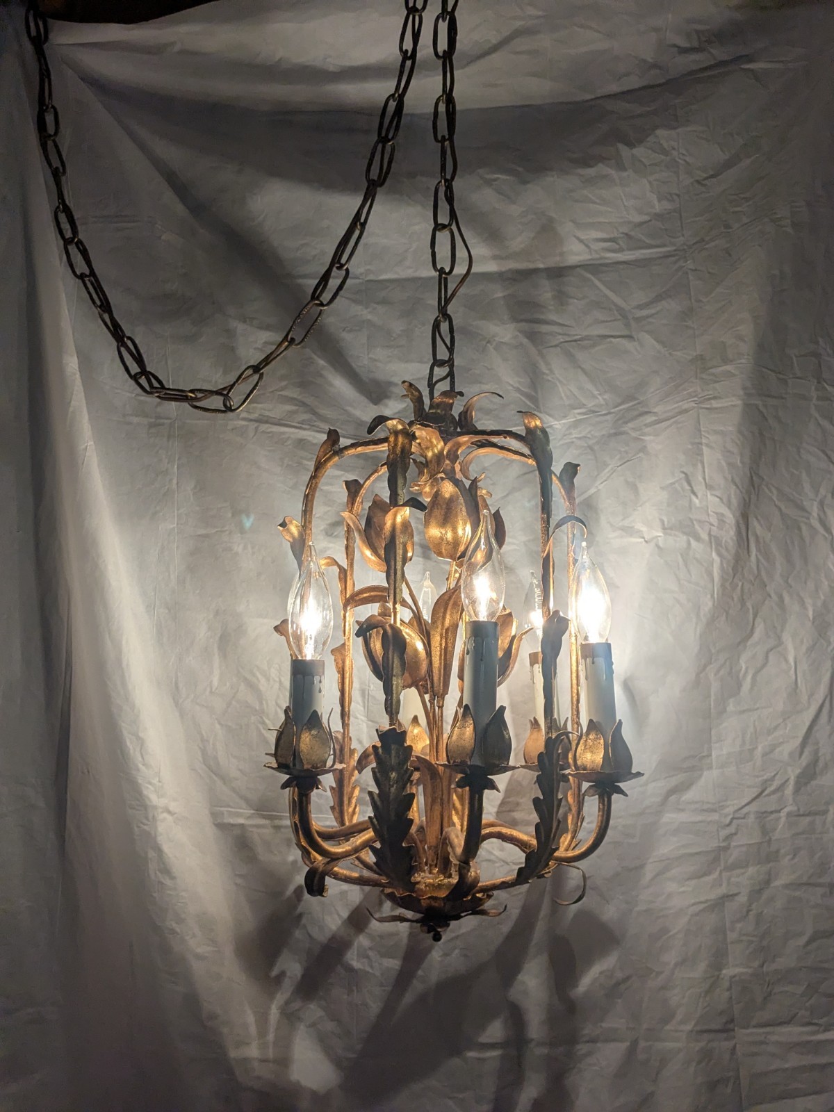 Italian Gilt GoldTole Italy Swag Light  Chandelier Hollywood Regency Mid Century