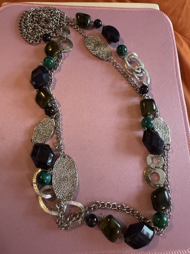 Beautiful Beaded Fashion Necklace, Long & A Mix Of Purple And Green Beads.