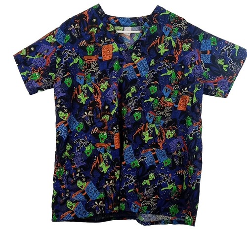 Scrub Shirt Women's M Short Sleeve Halloween Print V Neck Medical Nurse 3 Pocket - Picture 2 of 16
