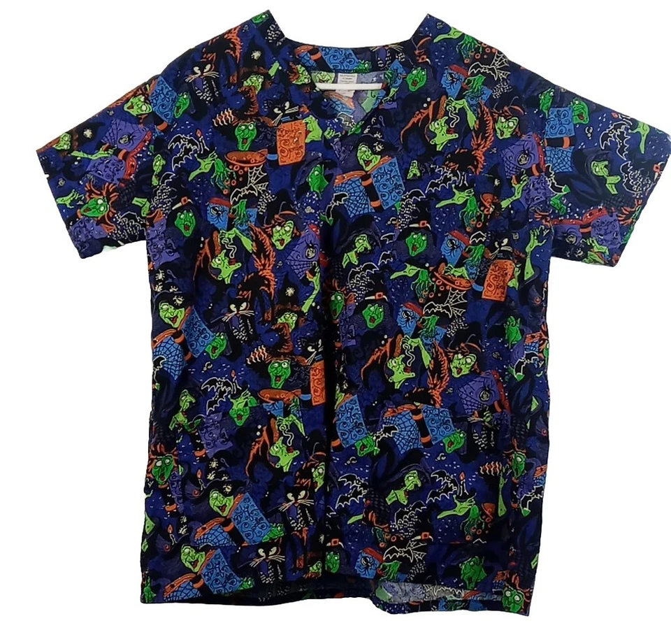 Scrub Shirt Women's M Short Sleeve Halloween Print V Neck Medical Nurse 3 Pocket - Image 2 of 4
