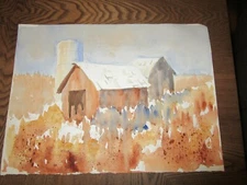 Original Watercolor By Peg Humphreys, Farmlife & Abstract River 18" x 13.5"