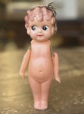 VTG Distressed Celluloid Flapper Kewpie Doll Strung Arms Big Eyes Molded Hair