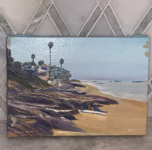 Vintage 2002 Original Douglas Miller Oak Street Beach Laguna CA OOC Oil 5”x7”