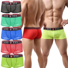 Men's Mesh See through Stripes Boxer Briefs Trunks Shorts Bulge Pouch Stretchy