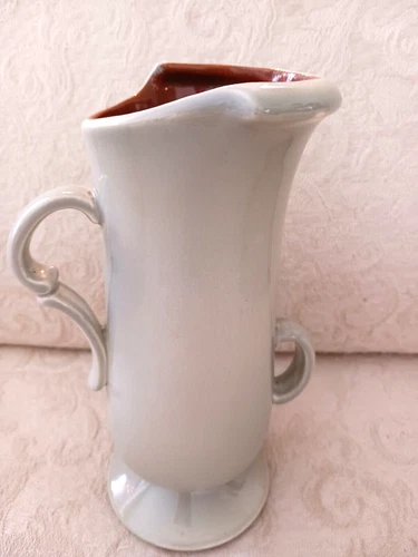 Vintage Red Wing Pottery 1358 Double Handled Vase Gray w Red Glaze Inside USA 8"