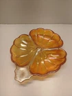 Vintage Jeanette Amber Glass Clover Doric Pattern Candy Relish Dish Irridescent