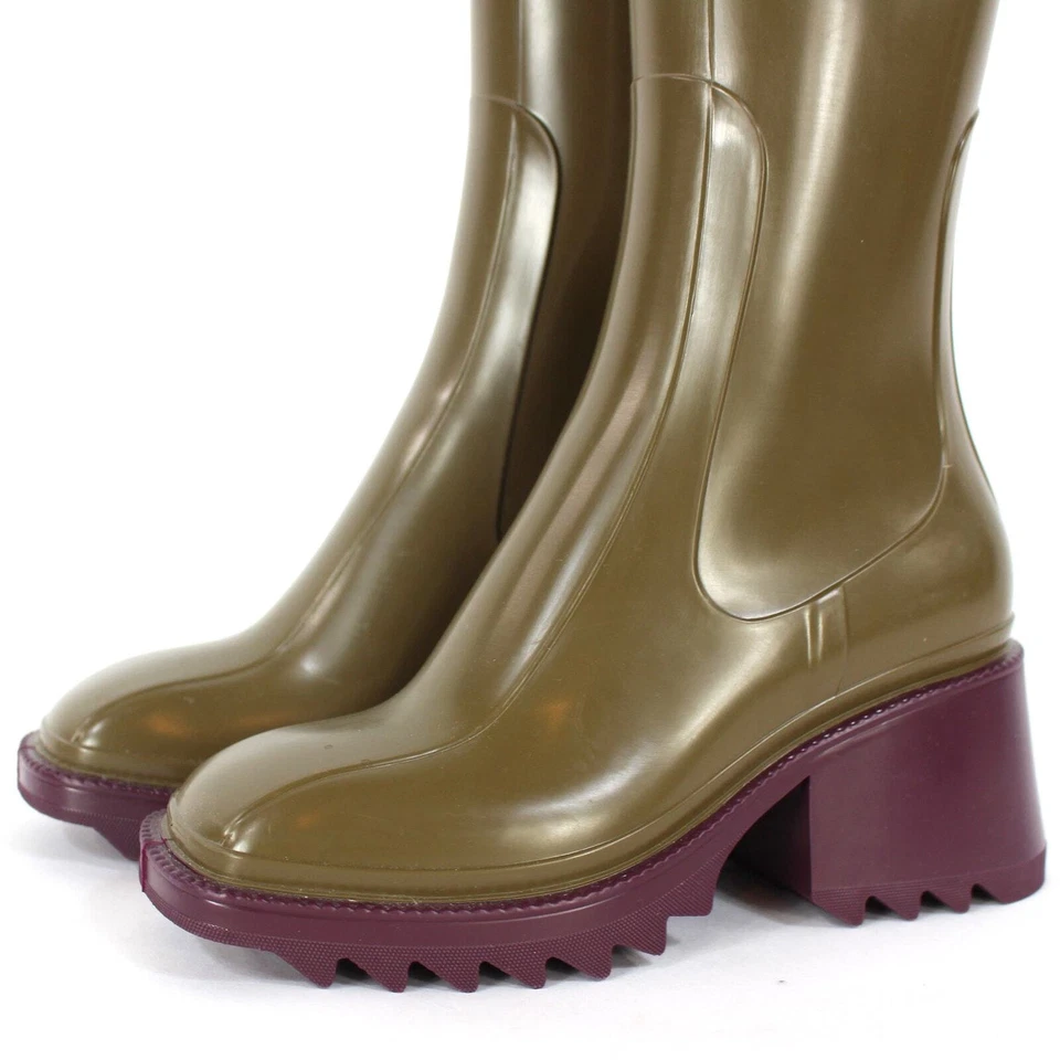 Chloe Betty Two Tone Santel Green Burgundy Rain Boots 36 Rubber Block Heel Shoes - Image 3 of 4
