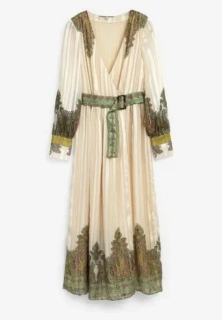 Long Sleeve Elegant NEXT Cream/Green boho Paisley Wrap Midi Dress Size 10 |  eBay
