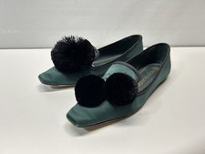 Tory Burch Pom Pom Green Satin Smoking Slippers Loafer Flat Size 8 M