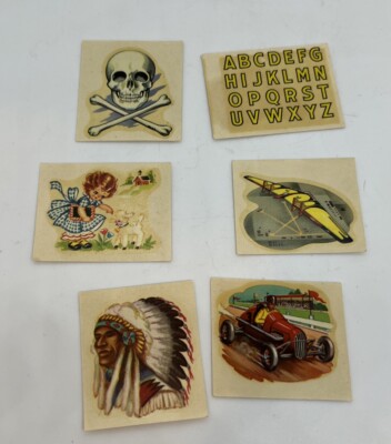 Set - 6 Kelloggs PEP Decal Cereal Vintage Skull Indian Race Car Alphabet Mary