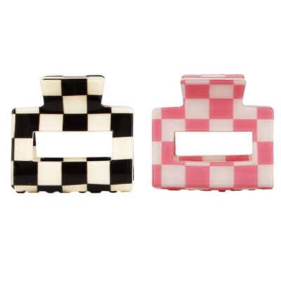 Chess Board Hair Clips 2 Pack Black White Pink Small Cute Checker Claw