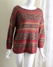 Chaps Sz L Southwest Indian Art-to-wear Cotton Linen Red 3/4 Sweater Tunic Top 