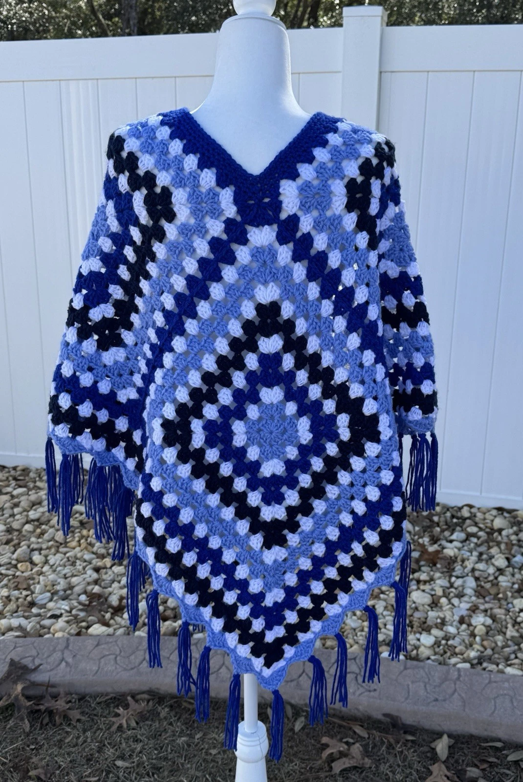 Handmade Crochet Poncho Blue Navy White Granny Square Knit Wrap Boho Fringe