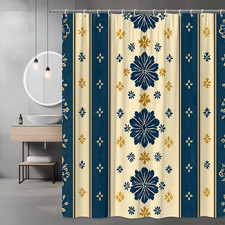 Floral Navy and Gold Shower Curtain - Elegant Bathroom Decor