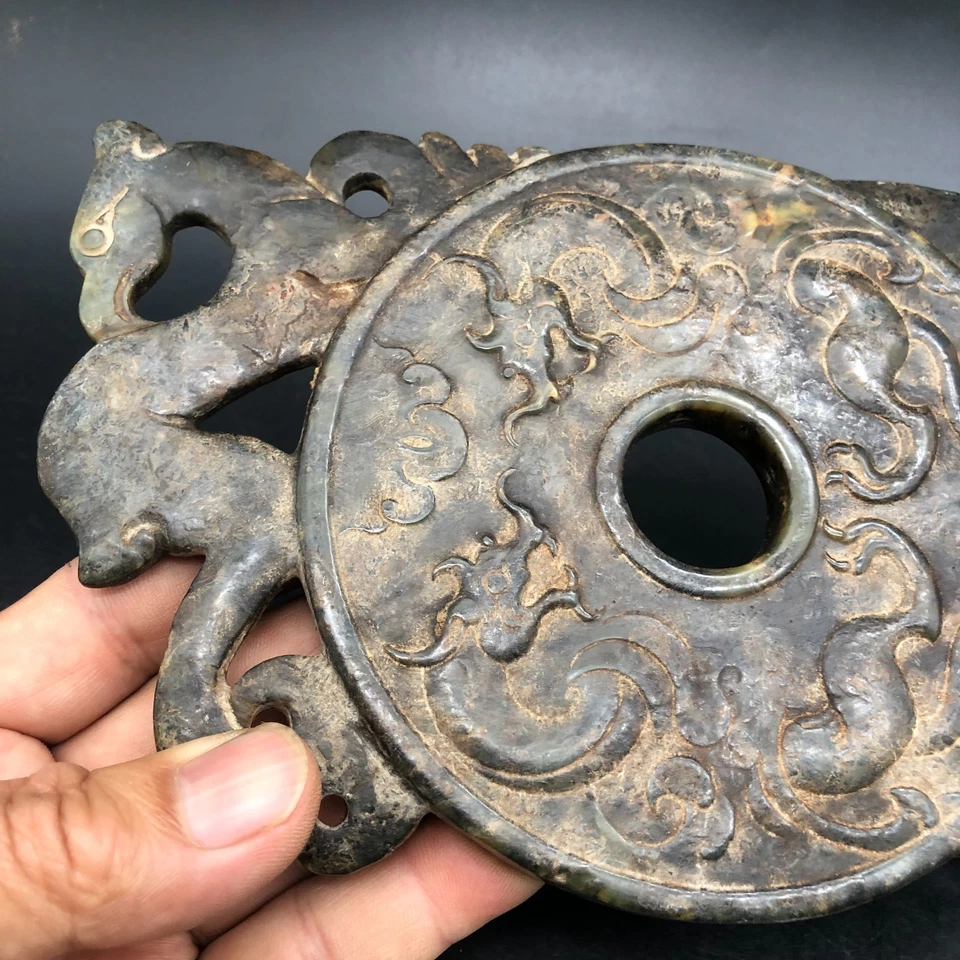 Raro Dragón Fénix "Bi" Yubi L 23,5 cm Tallado Jade Hetiano Antiguo China Dinastía Han Foto 4 de 4