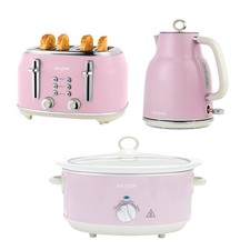 Salter Retro Toaster Kettle & Slow Cooker Set 4-Slice 1.7L Kettle 6.5L Pot Pink