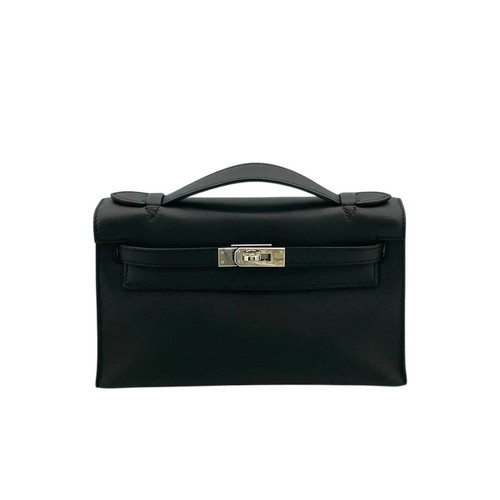HERMES Pochette Kelly Black Swift Leather Handbag X Stamp #OKB293