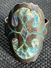 Vintage Taxco 925 Sterling Silver Abalone Mosaic Ring Mexico Statement Inlay