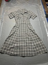 VTG Handmade Woman's Brown Plaid House Dress Farm Rockabilly (See measurements)