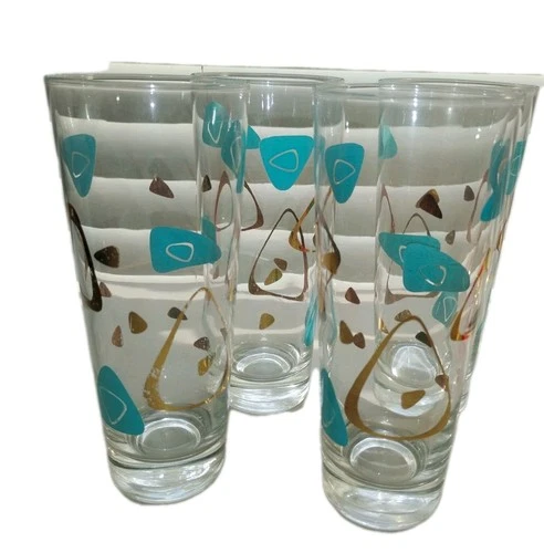 Vintage Federal Atomic Amoeba Highball Tumblers Glasses Turquoise Gold MCM
