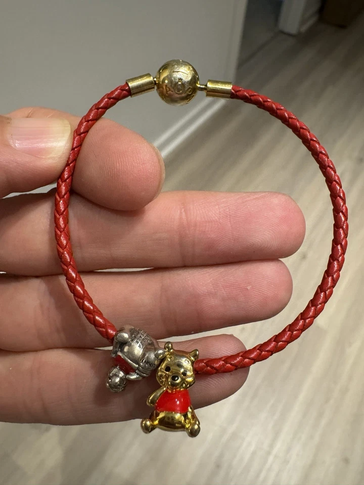 "Auténtico brazalete de cuero tejido rojo trenzado Pandora Moments chapado en oro - 7,5""" Foto 3 de 4