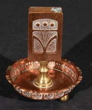 Art Nouveau Copper Ashtray Stand With Matchbook Holder & Brass Ball Feet Vintage