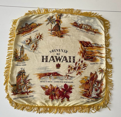 Vtg 1950s Hawaii Souvenir Satin Pillow Cover Fringe Honolulu Airport Waikiki MCM