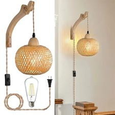 Natural Rattan Bamboo Wall Lamp E27 Lantern Wicker Light Fixture