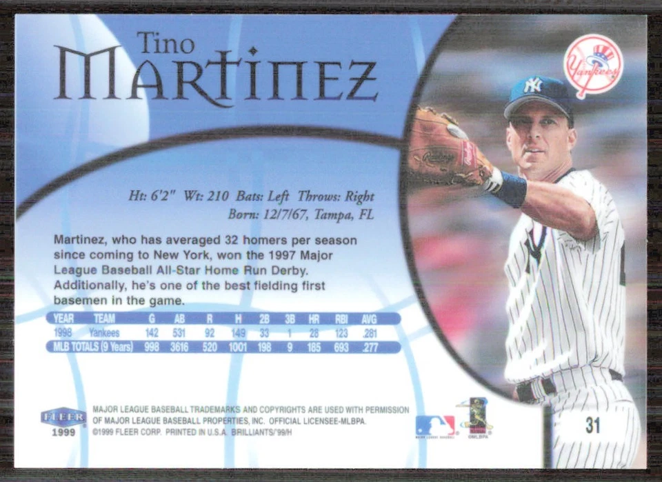 1999 Fleer Brilliants #31 Tino Martinez New York Yankees Baseball Card - Image 2 of 2