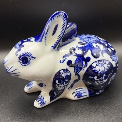 Ceramic Bunny Cobalt Blue & White Rabbit Figurine 6.5 In Long 4.5 In Tall SWEET