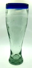 Mexican Handblown Heavy Glass Tumbler Thick Cobalt Blue Rim Tall Drinkware